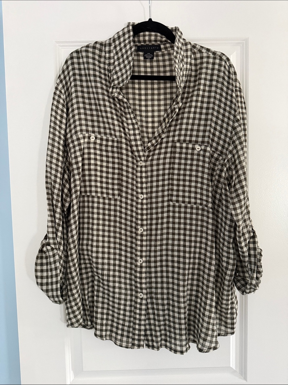 Sanctuary Olive and White Gingham Button-Down Shirt